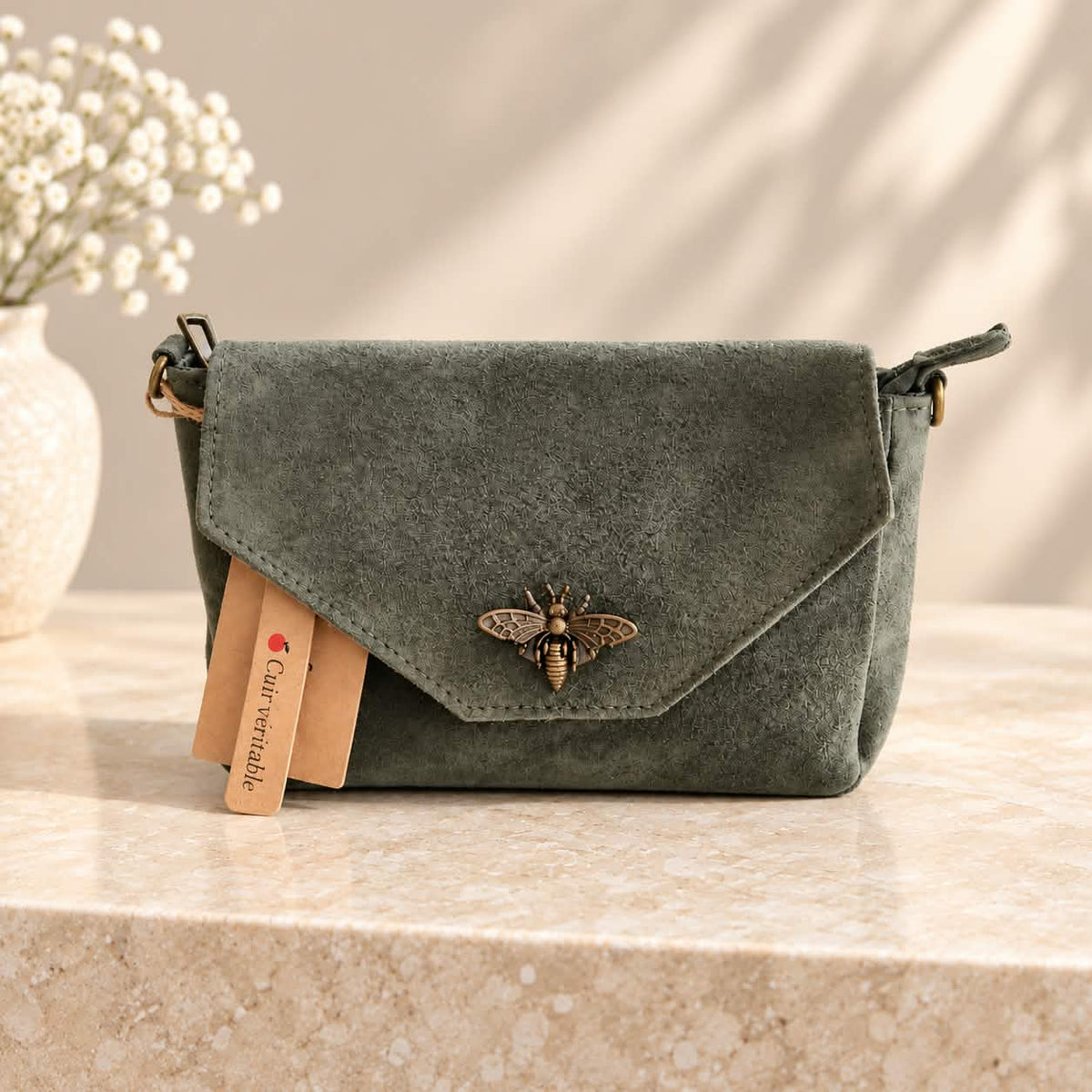 Sac abeille cuir vert kaki