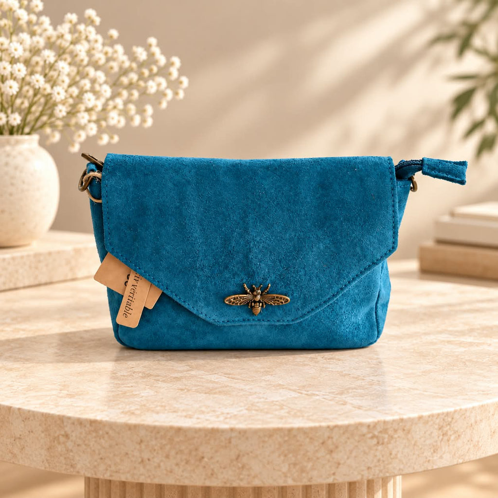 Sac abeille cuir bleu canard
