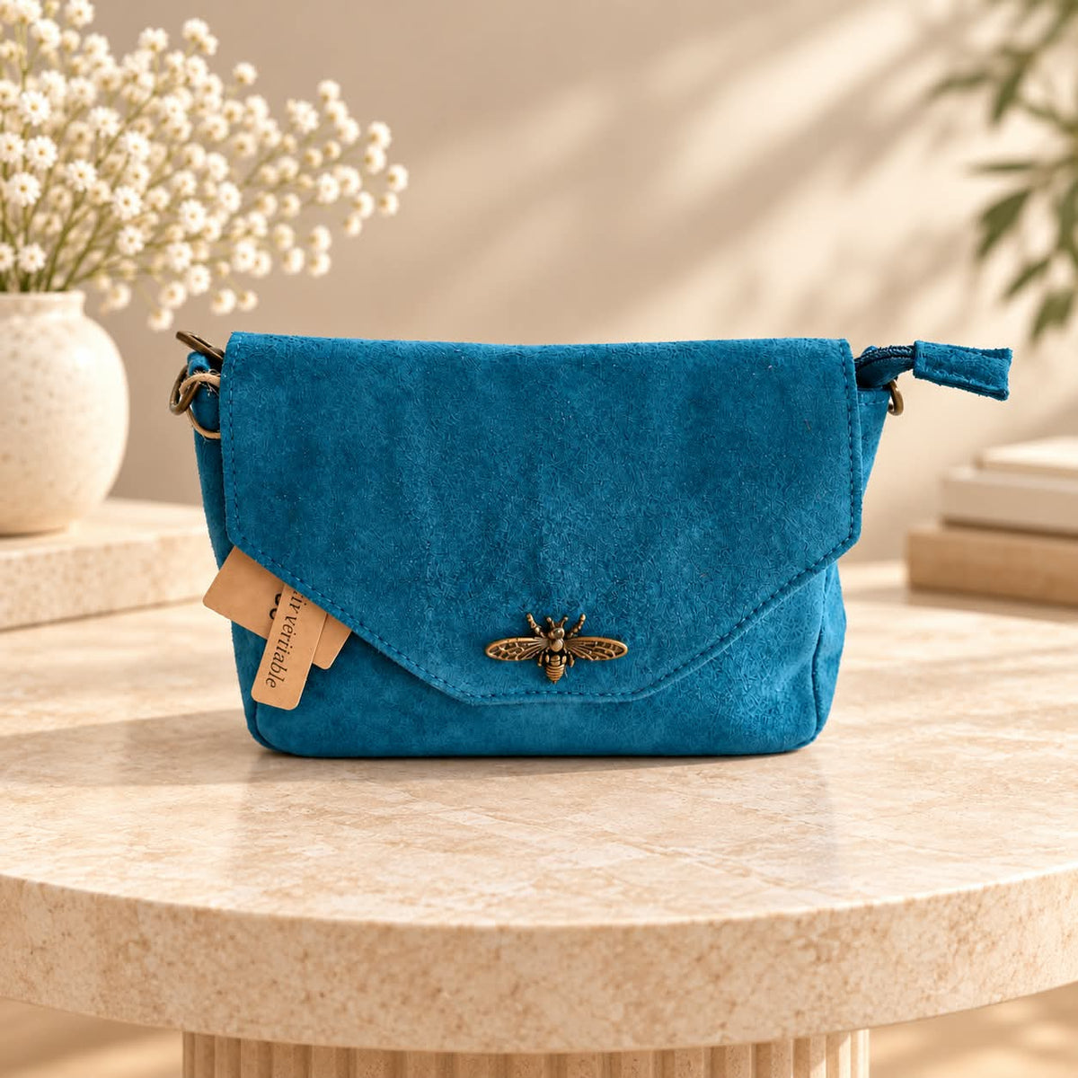 Sac abeille cuir bleu canard